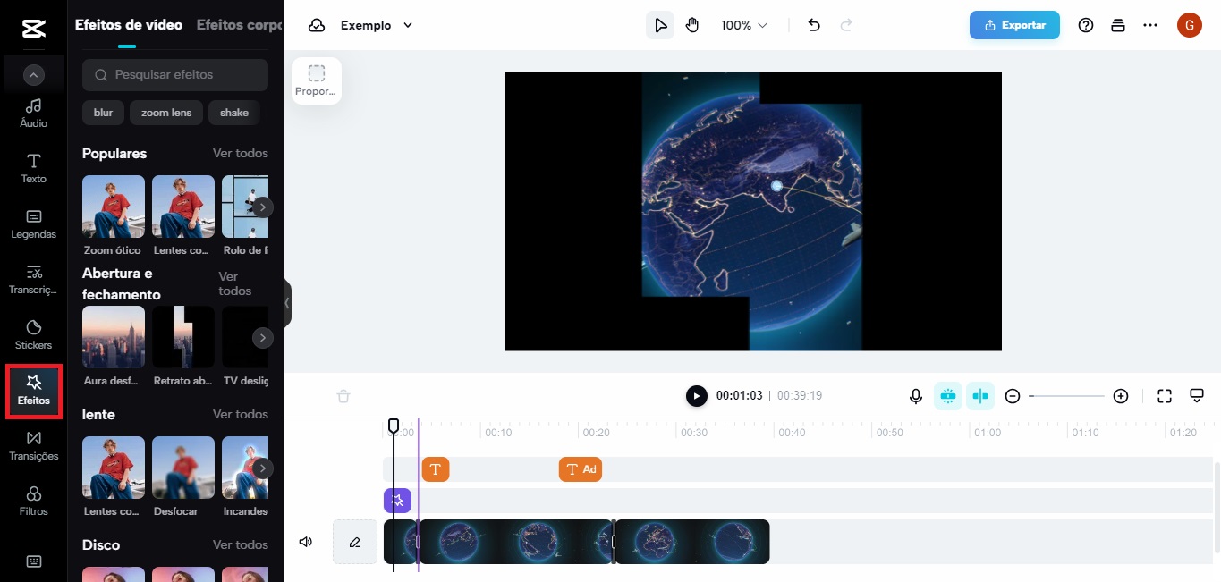 Adicionando efeito no CapCut para desktop
