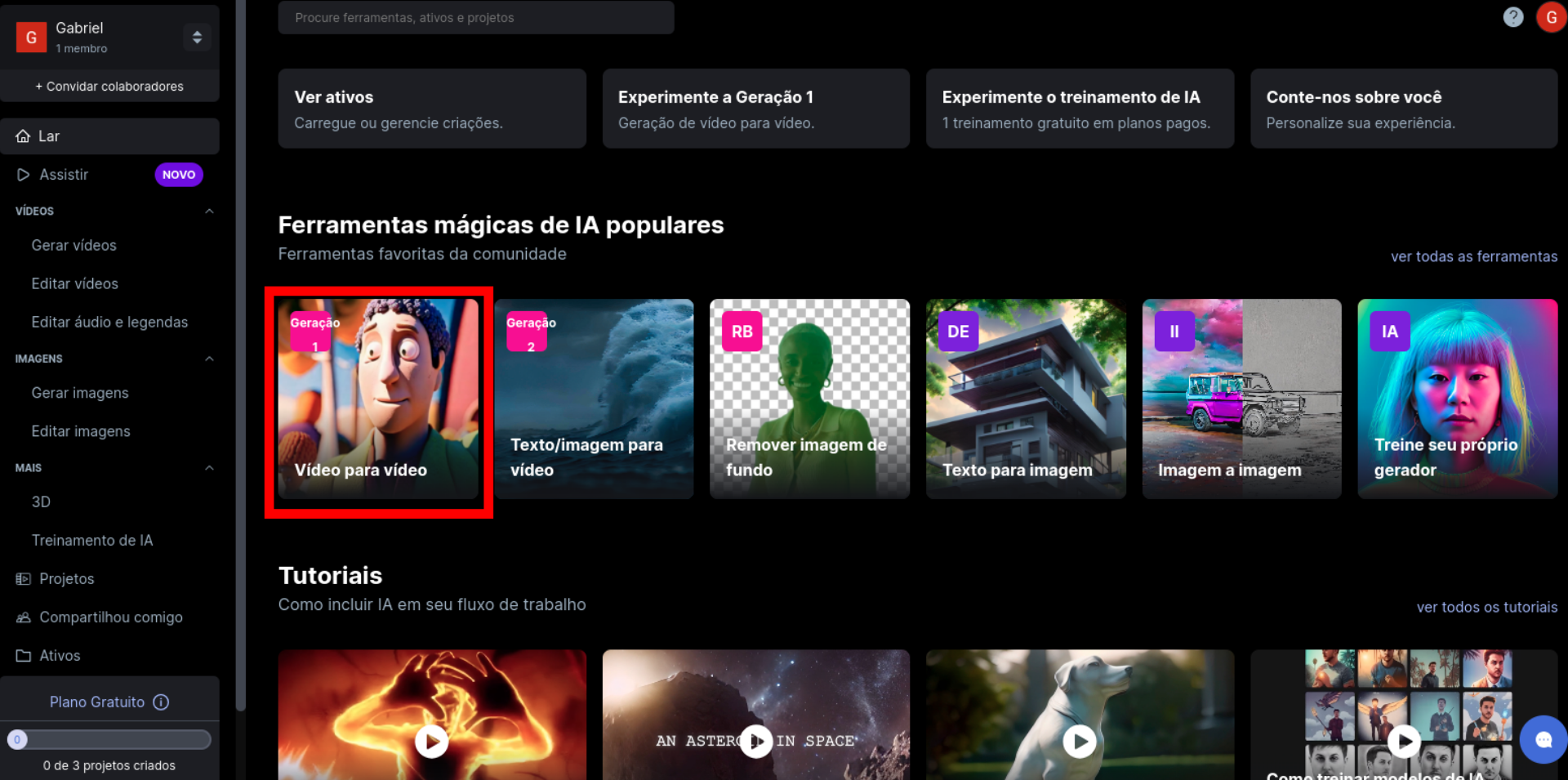 Acessar ferramenta Vídeo para vídeo