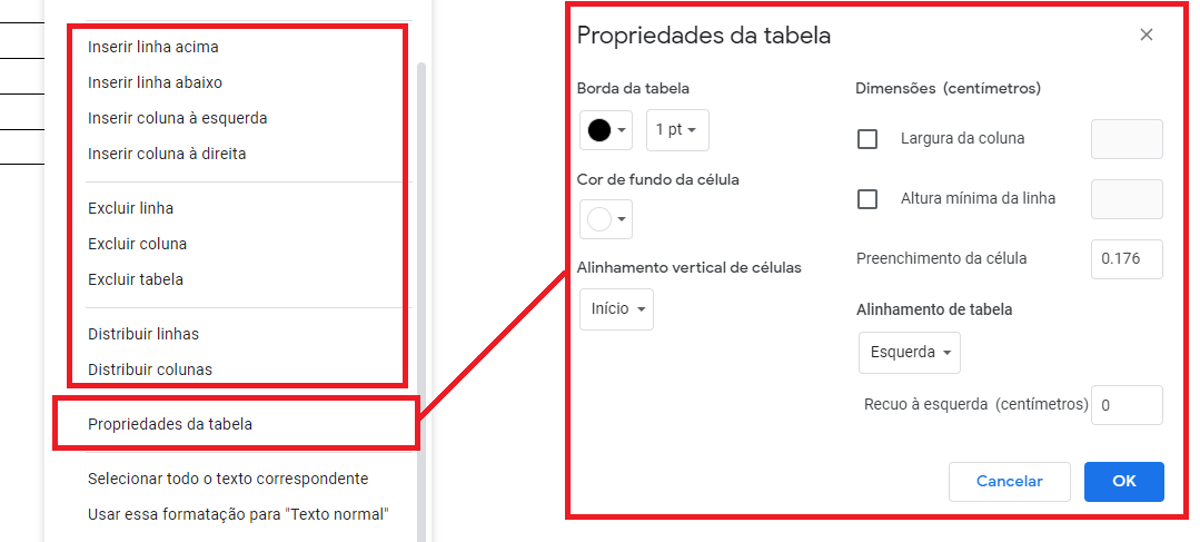 Configurações extras da tabela