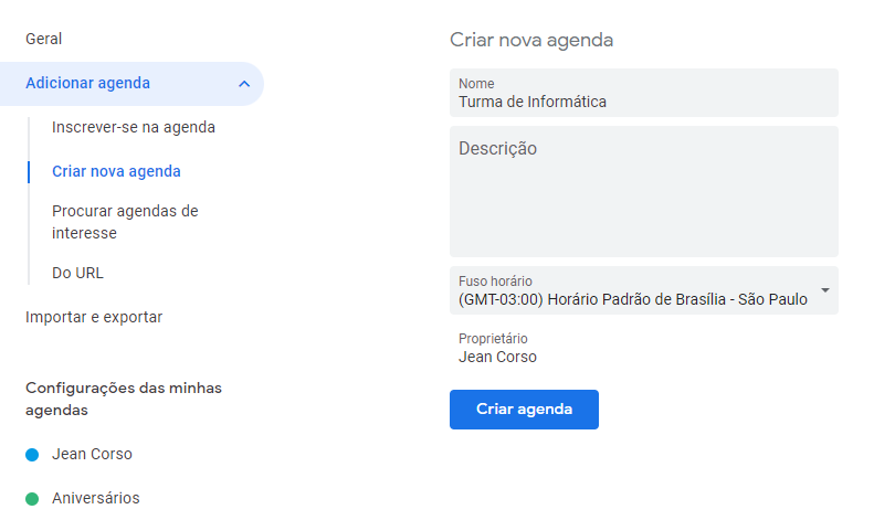 Criação da agenda