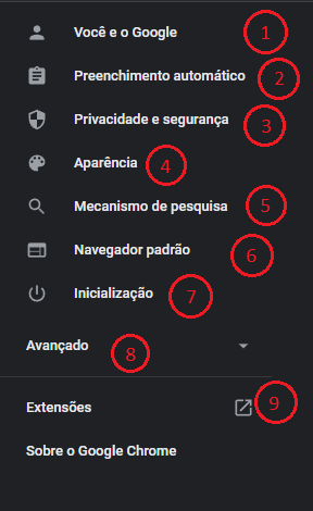 Menu configurações