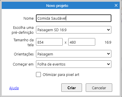 tela novo projeto